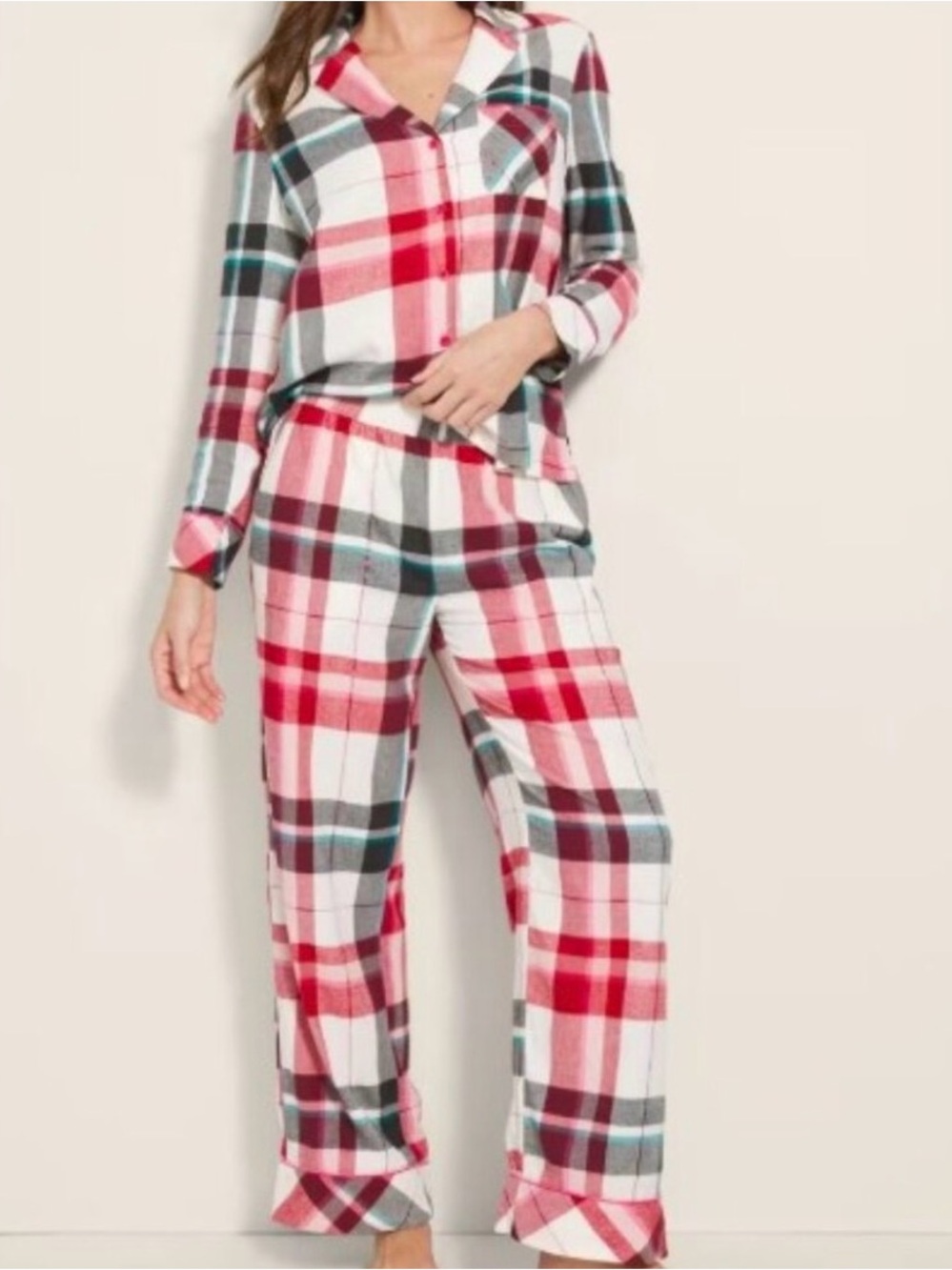 Soma Fireside Plaid Champagne Flannel Pajama Set Size Small